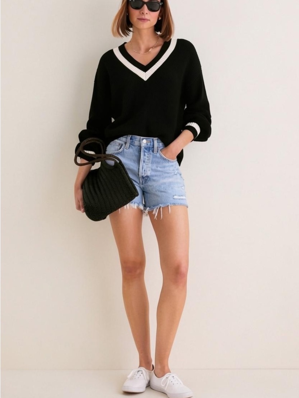 NWT Tuckernuck Black Cream Striped Ashe V neck Sweater Sz L - Picture 16 of 16
